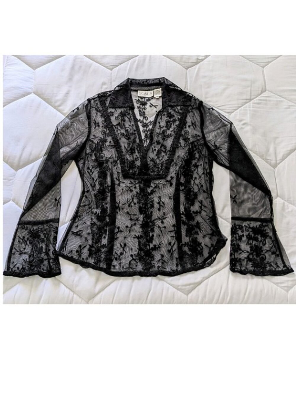 Vintage Scala Sheer Black Beaded Long Sleeve V-Neck Blouse, Elegant Sexy, size S - Picture 2 of 7